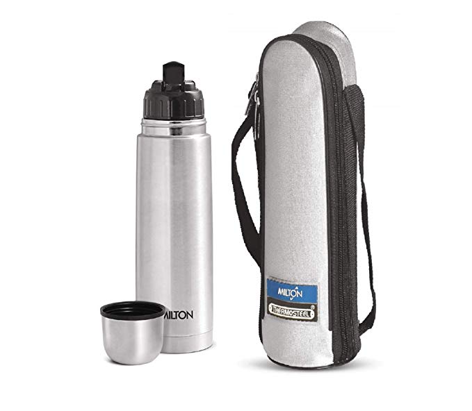 Milton Thermosteel Flip Lid Hot and Cold Flask, 1000 ml, Silver with Bag