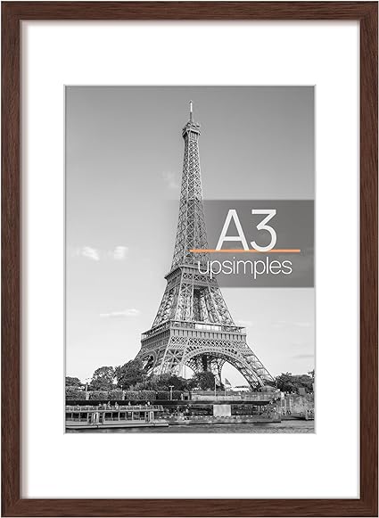 upsimples A3 Picture Frame, Display Pictures 8.3x11.7 with Mat or 11.7x16.5 Without Mat, Wall Hanging Photo Frame, Brown, 1 Pack