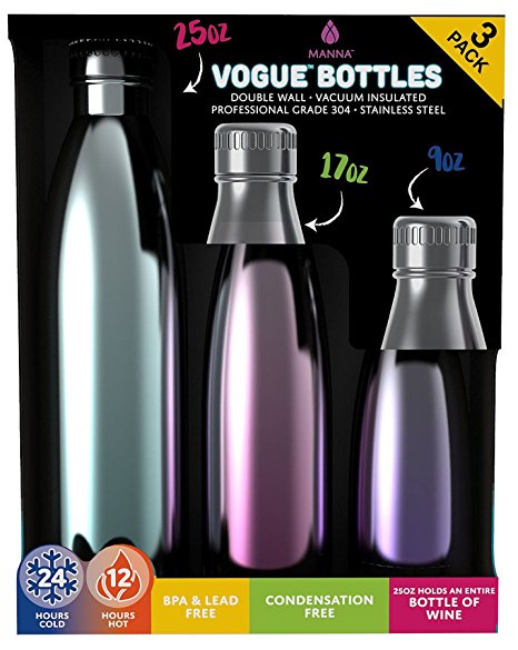 Manna Vogue Metallic Insulated Water Drink Bottles - Assorted 3 pack bundle (25 oz, 17 oz, 9 oz) - (Turquoise, Burgundy, Purple) Lead Free, BPA Free, Condensation Free