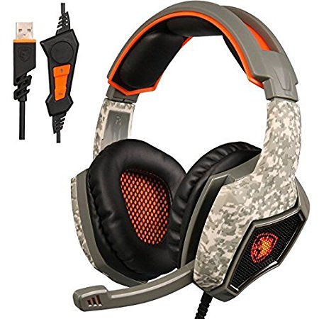 [2016 Newly Version] GW SADES SA917 USB Stereo Gaming Headset, Wired Over-Ear PC Mac Headphones with EQ Mode Selection, Mic Revolution Volume Control LED Light(Army Green)