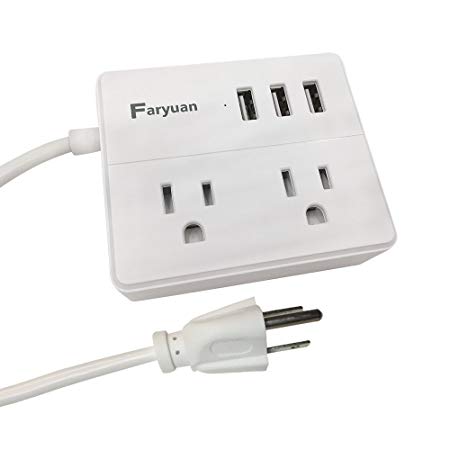 Faryuan Travel USB Portable Strip with 2 US Outlets 3 USB Ports Charging 1250W Light and Fashion White