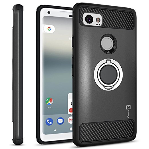 Google Pixel 2 XL Case with Ring, CoverON RingCase Series Protective Phone Case with Carbon Fiber Accents and Finger Ring Grip for Pixel 2 XL / 2XL - Black