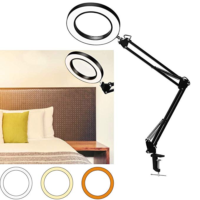 LED Magnifying Glass Lamp with Clamp, 10 Levels Dimmable, 3 Color Modes,4.1-Diopter Magnifier Lens,5X Magnification, Adjustable Swivel Arm Lighted Magnifier Light for Reading Desk Table Craft (Black)