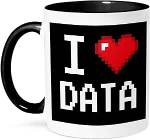 3dRose Geeky Old School Pixels 8-Bit I Heart I Love Data Two Tone Mug, 1 Count (Pack of 1), Black/White