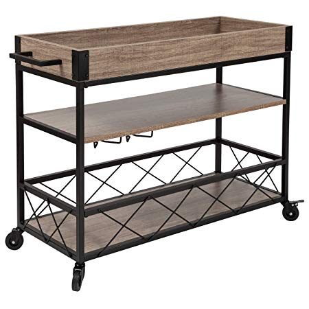 Taylor   Logan Distressed Light Oak Wood Kitchen Bar Cart with Stemware Rack and Panel Border Bottom Shelf