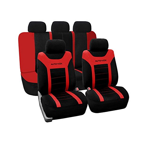 AUTO-VOX FH-FB Universal Car Seat Covers Red/ Black Classic Cloth Sleek & Stylish Suitable for Most Cars, Trucks,SUV or Vans with Detachable Headrests