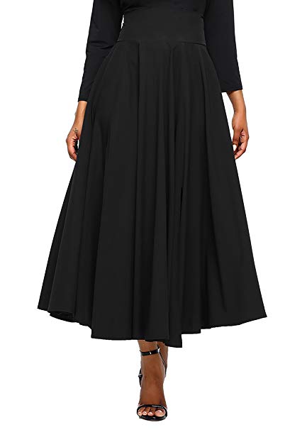 Diukia Women's High Waist Casual A-Line Pleated Belted Long Maxi Skirt Dress with Pocket(S-2XL)