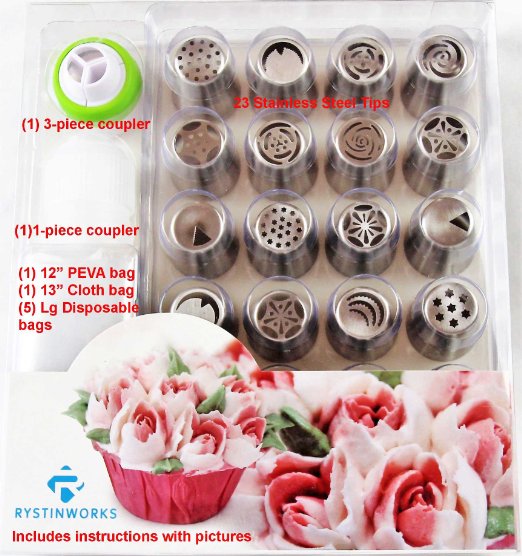 32 Piece Set Rystinworks Russian Piping Pastry Tips - Stainless Steel - With Instructions - 1 3-piece Coupler, 1 Large Coupler, 1 Cloth Bag, 1 Large Bag, 5 Disposable Bags, Large Buttercream Flowers