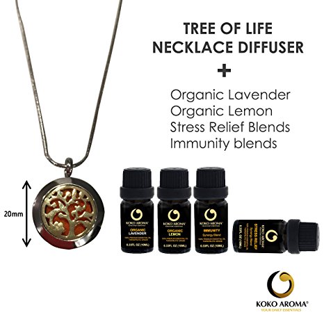 Tree Of Life Essential Oil Diffuser 20mm Necklace Stainless Steel 24" Chain  4 Essential Oils (Organic Lavender, Organic Lemon, Stress Relief, Immunity) Gift Set(Necklace & EO Gift Set 20mm)