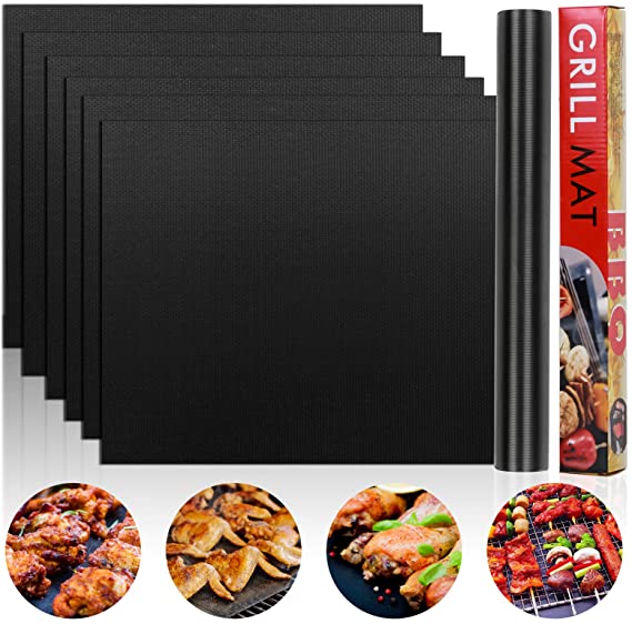 Grill Mat Set of 6 Non-Stick BBQ Grill Mats, Heavy Duty, Reusable, and Easy to Clean Easy Clean Works on Gas, Charcoal, Electric Grill 15.75 x 13-Inch, Black