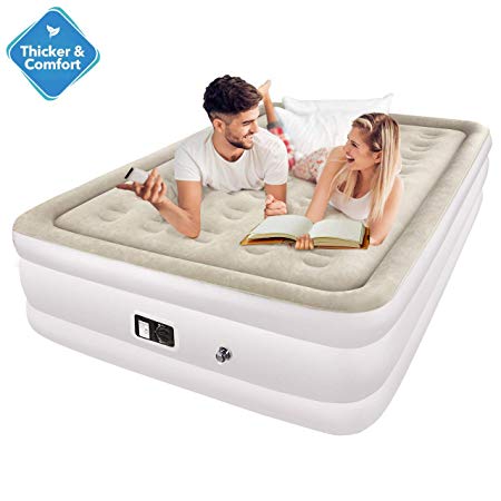 TOPELEK Queen Size Air Bed Double Size Flocked Cornerstone Inflatable Mattress with up to 270KG Capacity, Built-In Electric Pump, Storage Bag and Repair Patches Included for Guest,Rest,Travelling