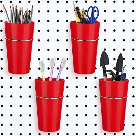 4 Sets Pegboard Bins with Rings, Ring Style Pegboard Hooks with Cups, Pegboard Cup Holder Accessories for Organizing (Red)