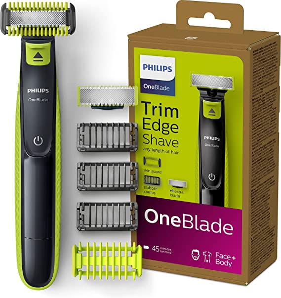 Philips OneBlade Face   Body, Recorte, peinado y afeitado, Para cualquier longitud de pelo, 1 cuchilla para la cara y otra para el cuerpo, 4 accesorios (modelo QP2620/16)
