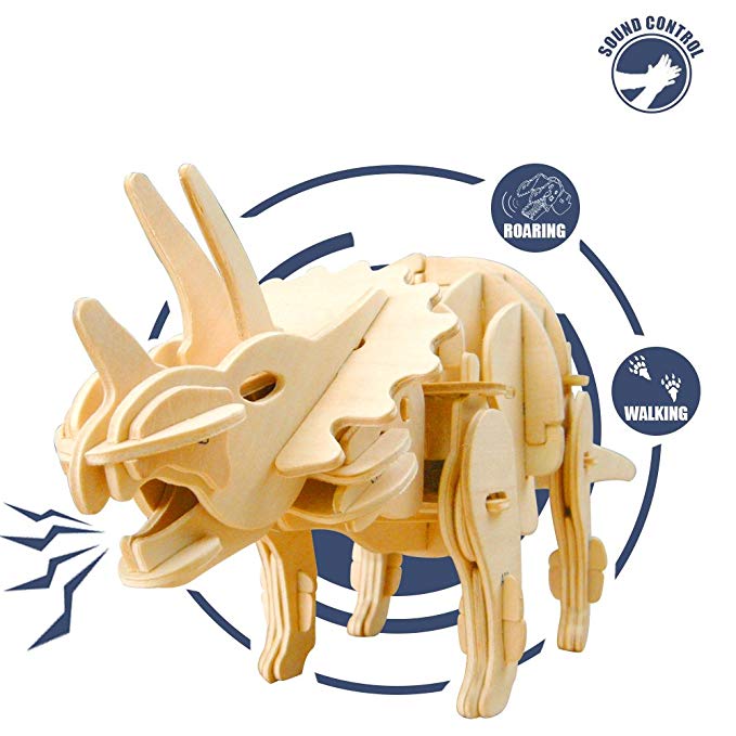 ROKR Dinosaur Sound Controlled Model Woodcraft -Walking Realistic Dinosaur Construction Kit with Sound - Walking and Roaring-3d Wooden Puzzle for Children 6 7 8 9 10 11 12 Year Old and Up
