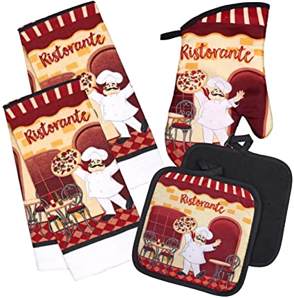 Chef Themed Kitchen Towel Set with 2 Quilted Pot Holders, 2 Dish Towels and 1 Oven Mitt