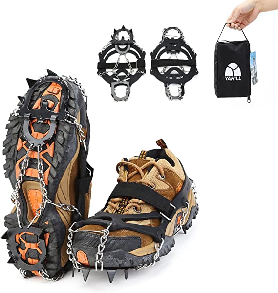 YAHILL Ice Traction Cleats Crampons Snow Spikes Grips with 13 Teeth Manganese Steel for Boots Shoes Women Men Kids for Hiking Walking Winter Jogging or Climbing