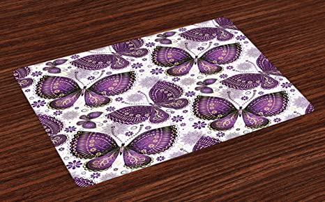 Ambesonne Natural Place Mats Set of 4, Butterflies with Paisley Motif on Wings Flowers Art Print, Washable Fabric Placemats for Dining Table, Standard Size, Purple White