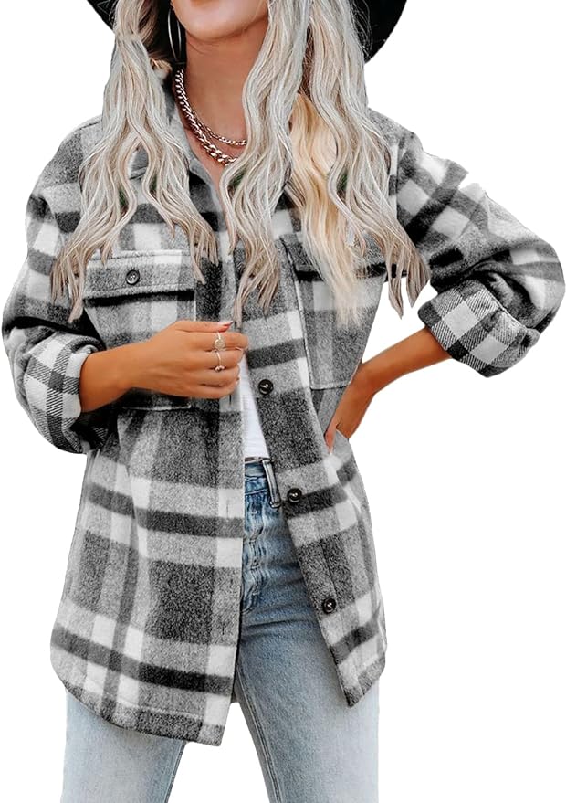 Haellun Womens Wool Blend Plaid Flannel Button Down Shirts Jacket Shacket Coats