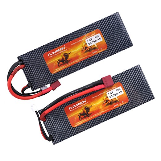 FLOUREON 2Packs 2S 7.4V 6200mAh 40C LiPo RC Battery Pack with T Plug for RC Evader BX Car RC Truck RC Truggy RC Airplane UAV Drone FPV (Hard Case)