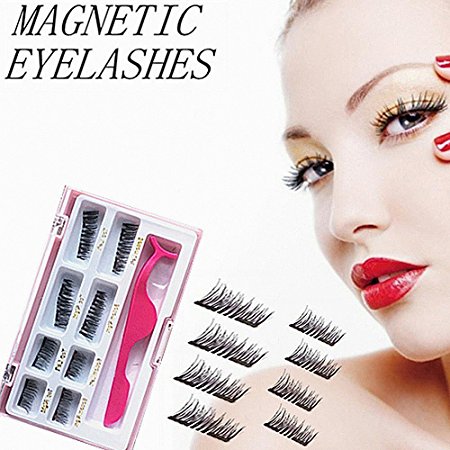 Upgraded Magnetic Eyelashes Plus Tweezers, Long Size and Half Size in One Set, 0.2mm Ultra Thin Magnetic False Eyelashes, 3D Reusable Fake Lashes, Natural Look 2 Pairs / 8 Pieces