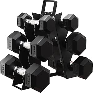 BalanceFrom Fitness Signature Alloy Steel Rubber Encased Hex Textured Dumbbell Workout Set w/Rack and 3 Pairs of 5, 10, and 15 Pound Weights, Black