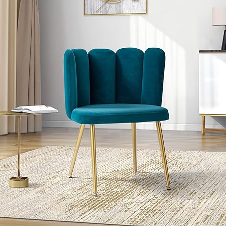 HULALA HOME Velvet Accent Chairs Modern Vanity Chairs for Makeup Room, Comfy Upholstered Dining Chairs for Living Room with Shell Back and Golden Metal Legs/Teal