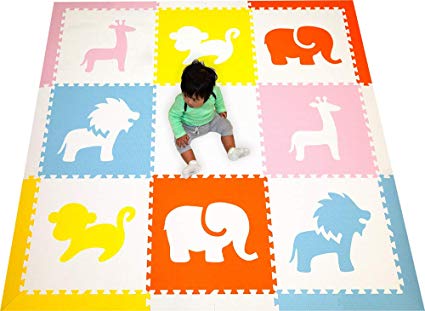 SoftTiles Kids Foam Playmat- Safari Animals- Premium Nontoxic Interlocking Foam Floor Tiles for Playrooms and Baby Nursery- Large 6.5 x 6.5 ft. (Lt. Pink, Orange, White, Light Blue, Yellow) SCSAFCOWSY
