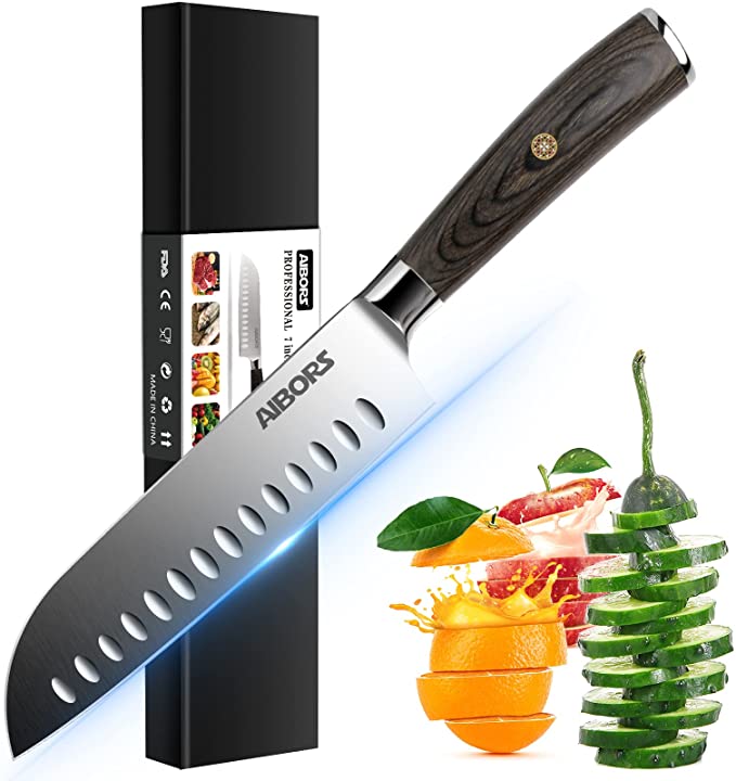 Santoku Knife, AIBORS 7" Razor Sharp Kitchen Knife, Forged High-carbon Stainless Steel Chef Knife for Cutting Chopping Meat Vegetable Fruits