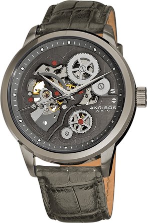 Akribos XXIV Men's AK538GY Mechanical Skeleton Leather Strap Watch