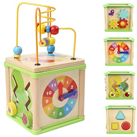 My First Activity  Bead Maze Cube,Top Bright 5-in-1 Wooden Cube Activity Center Multipurpose Educational Toys for Kids and Toddlers