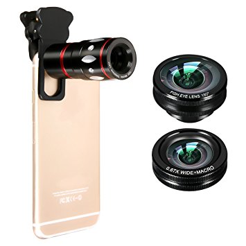 M.Way 4 in 1 Clip on Cellphone Lens Kits 10x Zoom Telephoto, Fish Eye Lens, Wide Angle Lens, Macro Lens for iPhone 6S 6,7 Samsung S7 S6, HTC, LG, Smartphone