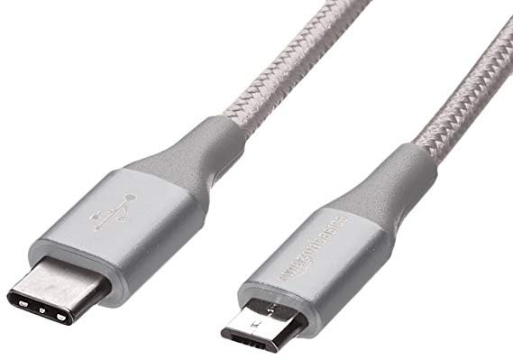 AmazonBasics Double Braided Nylon USB Type-C to Micro-B 2.0 Male Charger Cable | 1 foot, Silver