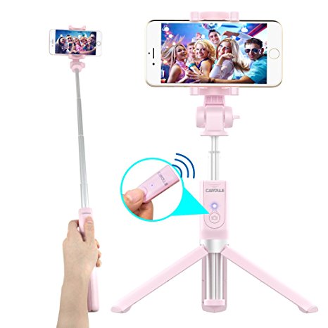 Bluetooth Selfie Stick Tripod with Remote for iPhone 6 6s 7 Plus Galaxy s7 s8 Plus CAIYOULE Extendable Aluminum Monopod and Foldable stand 360 Rotation (Pink)