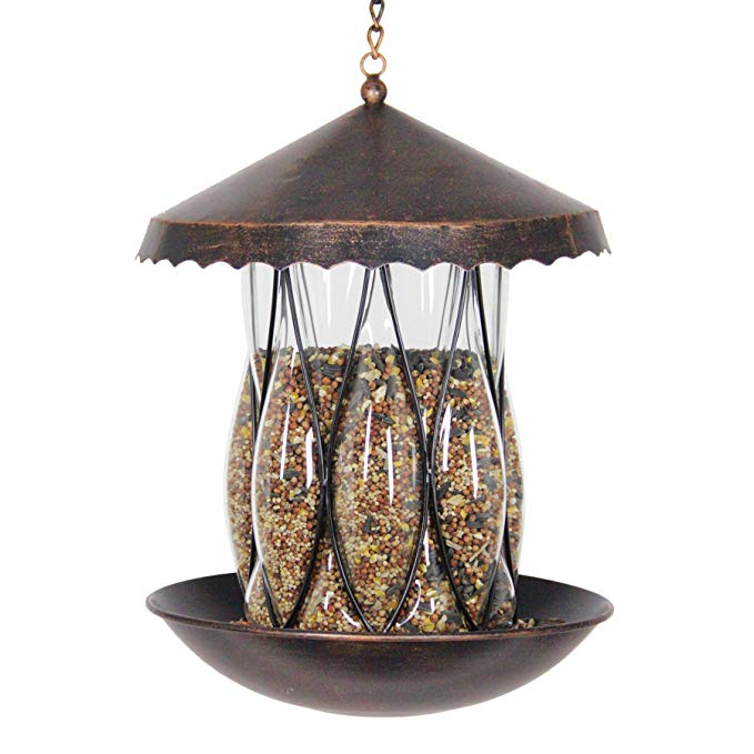 Exhart Solar Bronze Bird Feeder - Hanging Bird Feeder in Bronze Metal Cage & Diamond Glass Design with Solar LED Lights - Garden Art Glass Bird Feeder, Solar Bird Feeder, 9" L x 9" W x 11" H