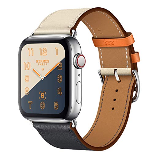 Leather Band Compatible with iWatch 44mm 42mm, Genuine Leather Strap Watch Bands Replacement for iWatch Series 4 44 mm Series 3 Series 2 Series 1 42 mm, Black White Orange