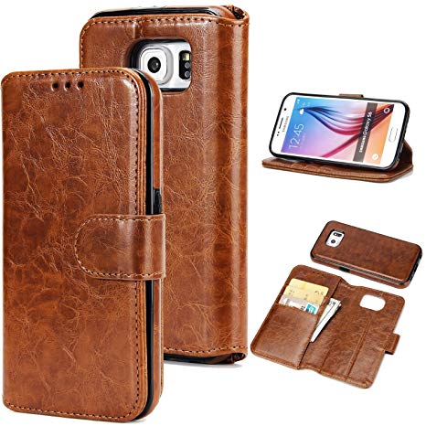 UEEBAI Case for Samsung Galaxy S6,Premium Folio PU Leather Wallet Case with [Detachable] [Magnetic Closure] [Card Slots] Stand Function Full Protection Flip Cover Case for Samsung Galaxy S6 - Brown