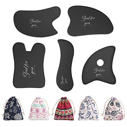 Zealforyou 5 Gua Sha Scraping Massage Tools Natural Bian Stone Trigger Point Treatment and Graston Technique with 5 Chinese Handmade Storage Bags