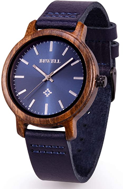 BEWELL Wood Watches for Men Cowhide Leather Strap Analog Quartz Casual Wooden Wristwatch