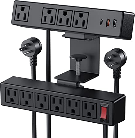 2 in 1 Desktop Edge Power Strip,Removable Clamp Power Outlet Socket Under Desk 6AC Outlests with Switch & 4 AC Outlets 2 USB-A Ports,1 USB-C Port with Switch,6.5 ft Extension Cord