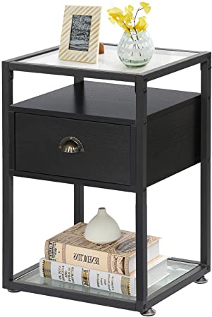 VECELO Modern Nightstand,Tempered Glass End SideTable with Drawer and Rustic Shelf, Decoration in Living Room,Bedroom,Lounge,Pure Black