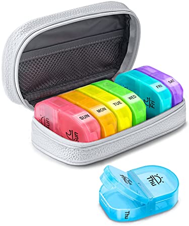 Silver PU Leather Pill Organizer Bag for Women, LALAGO Portable Weekly Pill Box Case 2 Times a Day with Lightproof Storage Bag to Hold Vitamins/Medications/Fish Oils/Supplements