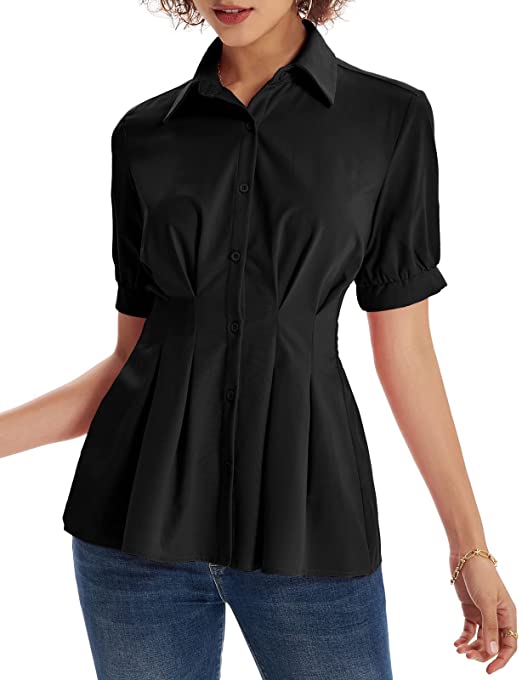 GRACE KARIN Women's Peplum Blouse Button Down Short Sleeve Work Shirt Tops Slim Casual