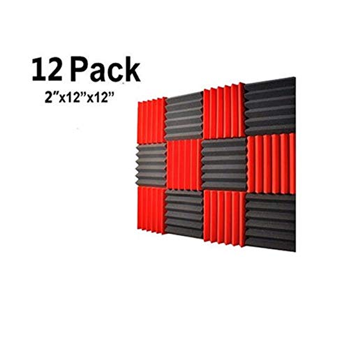 12 Pack- Charcoal Acoustic Panels Studio Foam Wedges 2" X 12" X 12" (12PCS, Black) (12PCS, Black&Red)