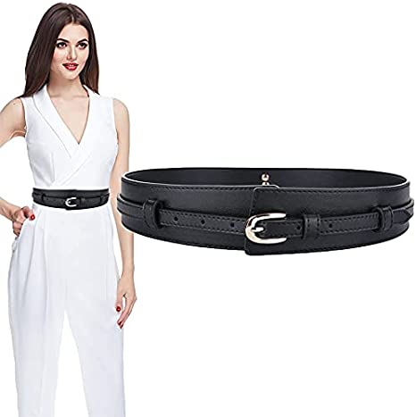Longwu Wide Adjustable Waistband Ladies Stretch Cinch Belt, Fashion Double Layer Genuine Cowhide Leather Belt for Dresses Suit Jeans Sweater Jumpsuit Coat Waist Tunic Seal Decoration