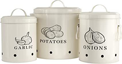 Kook Potato, Onion & Garlic Kitchen Storage Canisters, Rustic Farmhouse Containers with Aerating Holes, Vintage Vegetable Tins, Set of 3 (Coconut Cream)