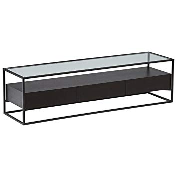 Rivet King Street Industrial Three-Drawer TV Media Console, Black Metal and Wood, Glass