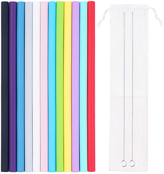 12 Pcs Reusable Colorful Long Jumbo Smoothie Silicone Straws with 2 Cleaning Brushes and a Small Storage Canvas Bag. (0.35" inner Diameter 0.43"Outer Diameter 9.8" Long) (12 Straight)