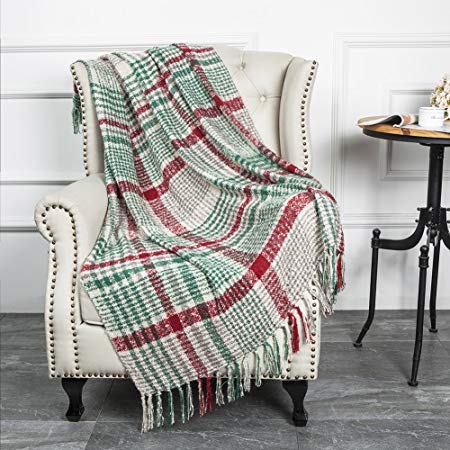 Christmas Home Decor Super Soft Vintage Fluffy Plaid Throw Blanket-100% Acrylic Cashmere-like- Bedspread Picnic Tailgate Stadium RV Camping Blanket Throw with Fringe,50" W x 67" L (Green/Red)