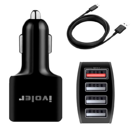 iVoler Quick Charge 20 54W 4 Ports USB Car Charger for Samsung Galaxy Note 5S6 EdgeS6 Edge iPhone 6s 6s Plus and MoreIncluded an 20AWG 65FT Micro USB Cable-Black