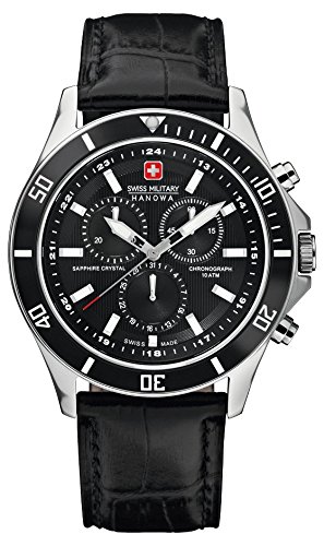 Swiss Military Men's Quartz Watch with Black Dial Chronograph Display and Black Leather Strap 6-4183.04.007